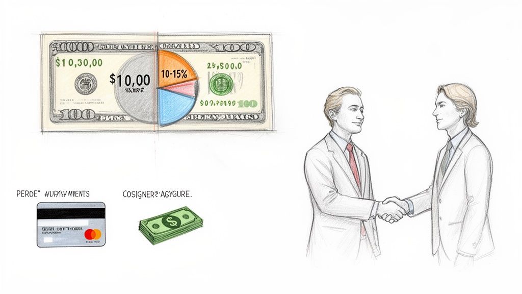Visual representation of financial transactions, including money distribution, payment methods, and a business handshake.