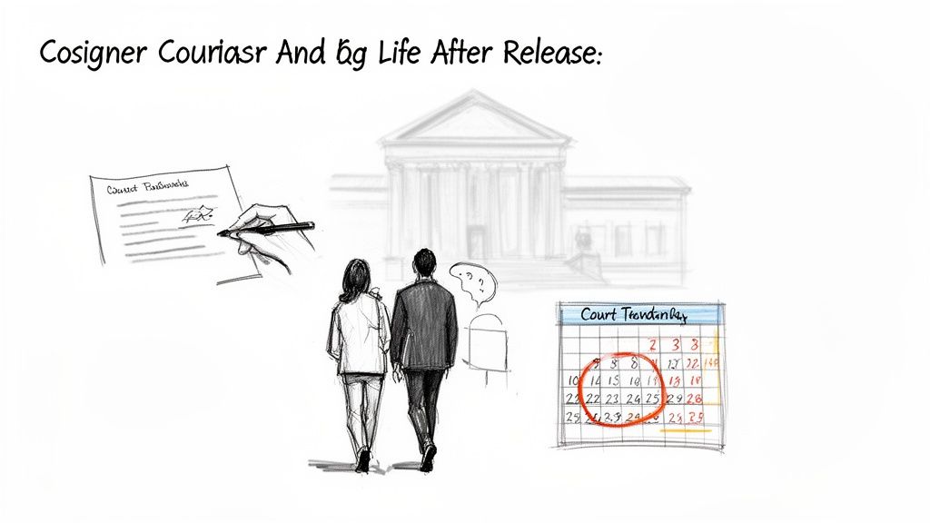 Illustration showing a hand signing cosigner paperwork, a couple walking from a courthouse, and a court calendar.