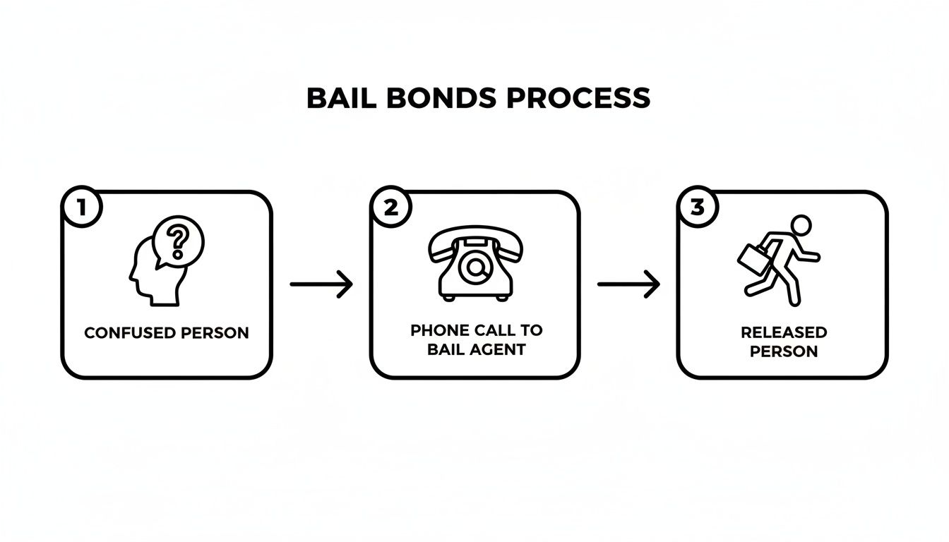Flowchart illustrates the bail bonds process: a confused person, a phone call to a bail agent, then a released person.