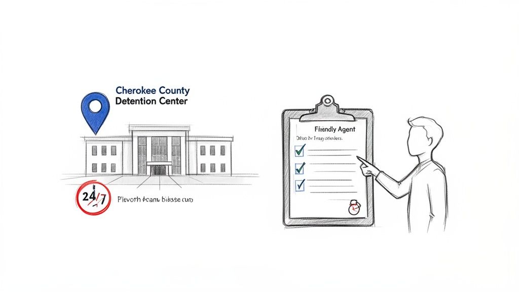 An illustration showing Cherokee County Detention Center, 24/7 service, and a friendly agent with a checklist.