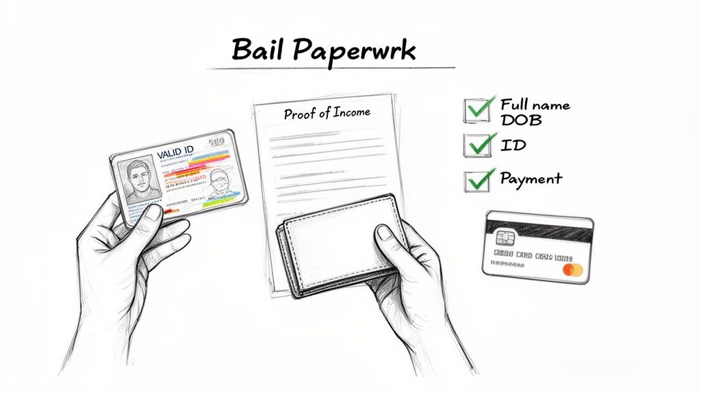 A sketch showing items needed for bail paperwork: ID, proof of income, wallet, credit card, and a checklist.