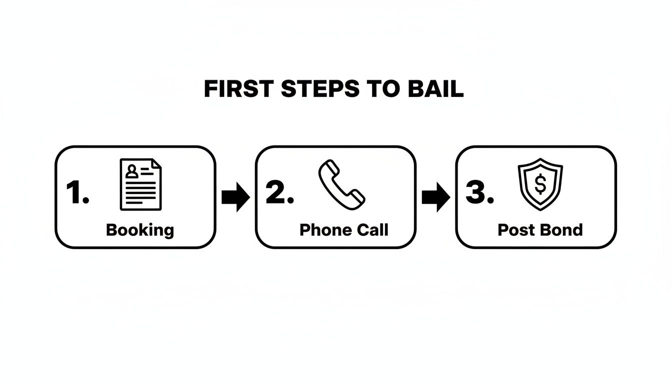Infographic showing the first three steps to bail: booking, making a phone call, and posting bond.
