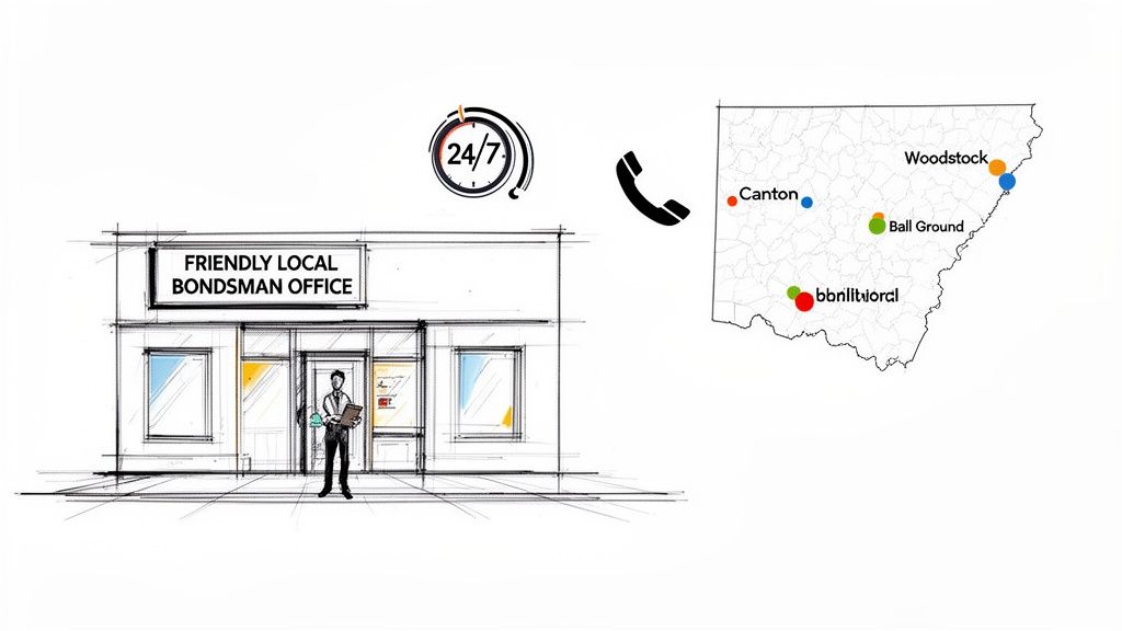A friendly local bondsman office with 24/7 availability, phone contact, and service areas on a map.