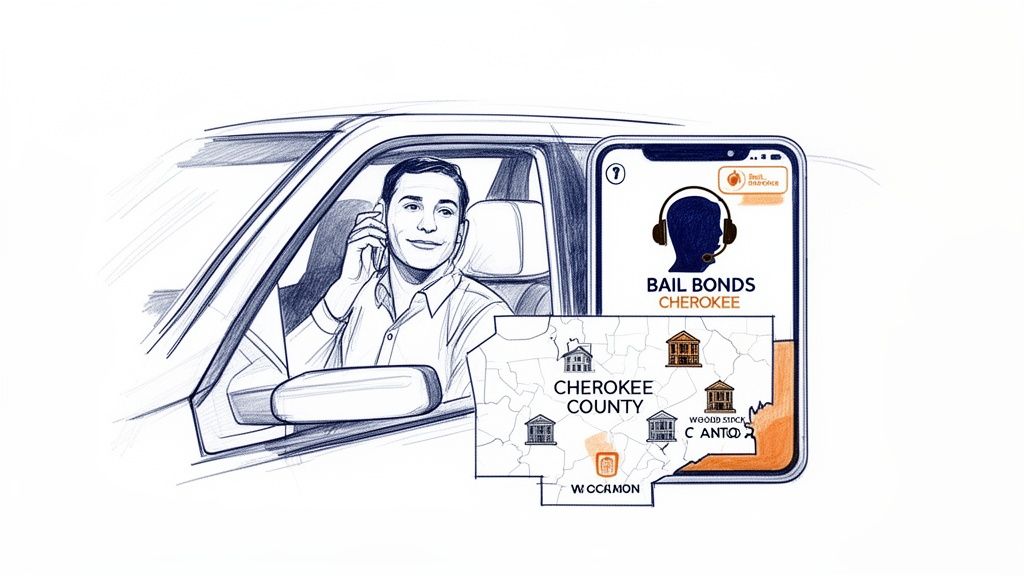 Sketch of man in car on phone with app for Cherokee County bail bonds, showing map.