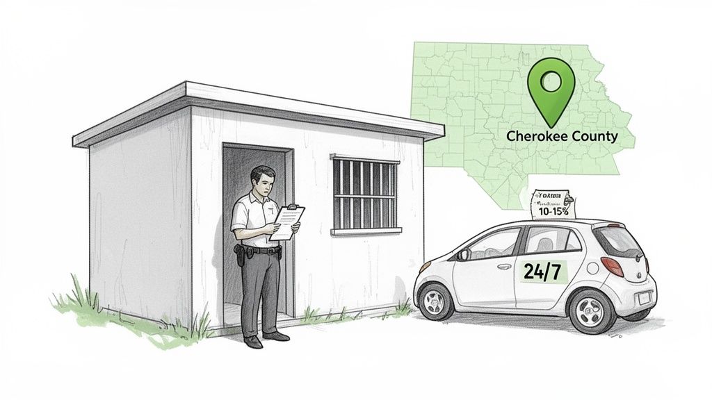 A law enforcement officer reviews documents outside a building, with a service car and a map highlighting Cherokee County, Georgia.