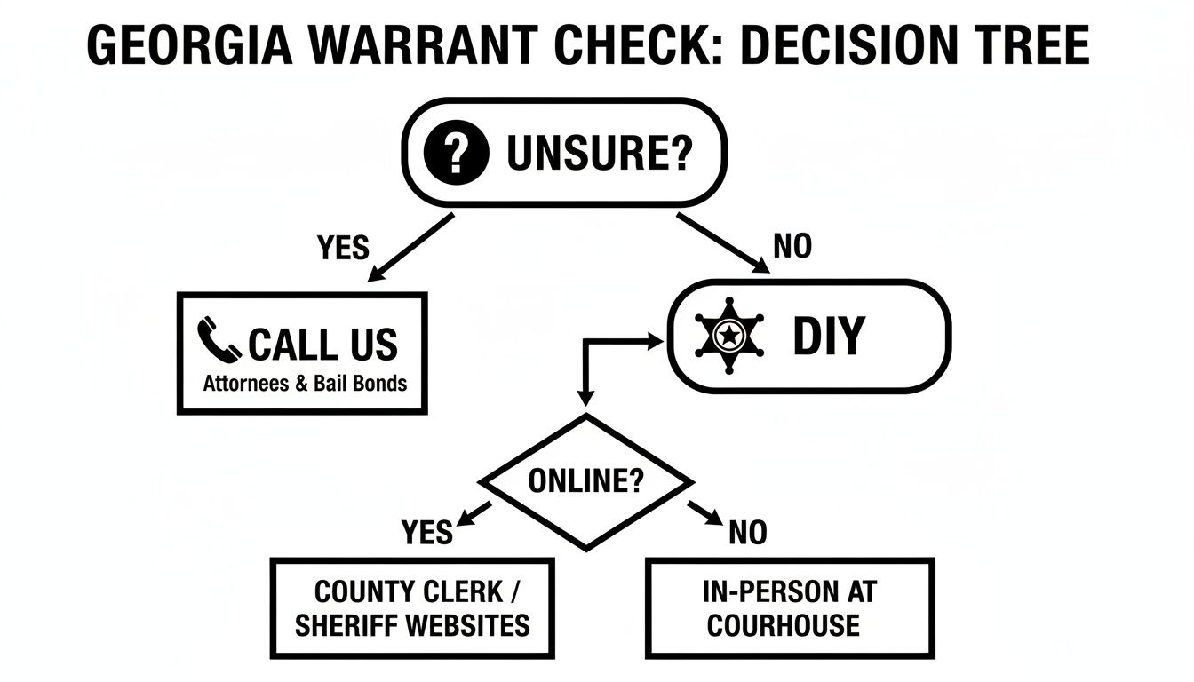 Decision tree flowchart showing steps to check for a Georgia warrant, with options to call professionals or DIY.
