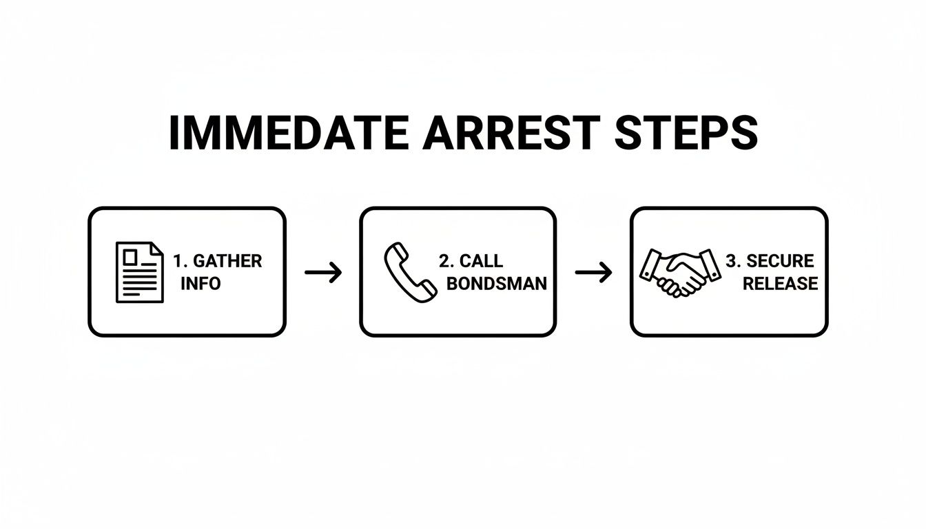 A flowchart outlining three steps for immediate arrest: gather information, call bondsman, and secure release.