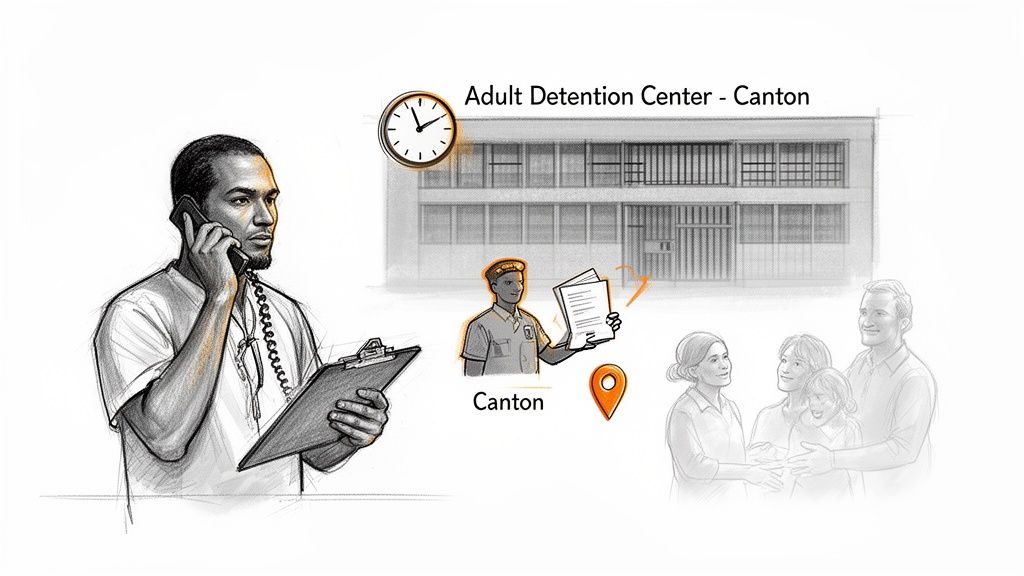 A man on the phone helps a family reunite after someone's release from Canton Detention Center.
