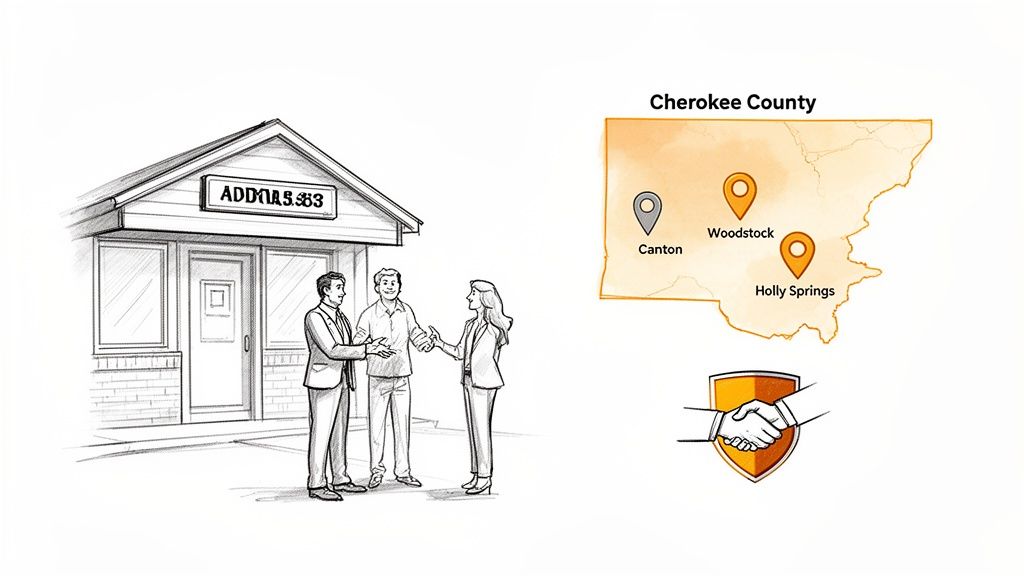 Three people shake hands in front of a building, with a map of Cherokee County showing specific locations.