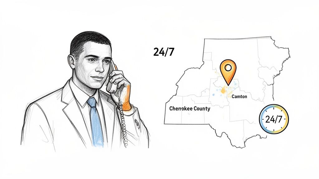 A man on the phone with 24/7 service, map showing availability in Cherokee County, Camton.