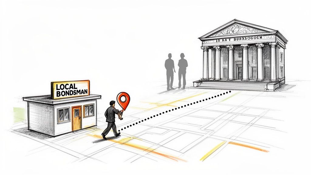 A man with a map pin walks from a local bondsman office towards a courthouse, illustrating the bail bond process.