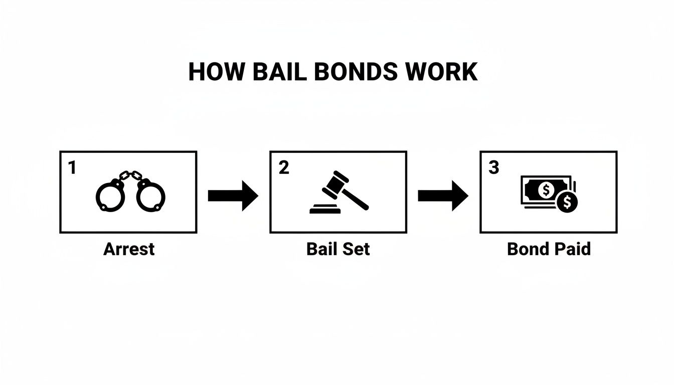 A diagram illustrating the three steps of how bail bonds work: Arrest, Bail Set, and Bond Paid.