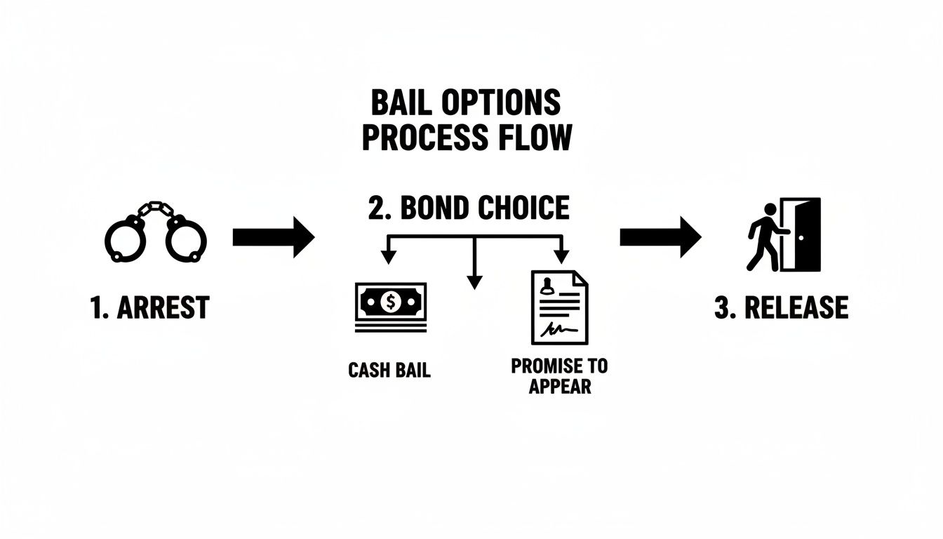 A diagram illustrates the bail options process flow, from arrest to bond choice and release.