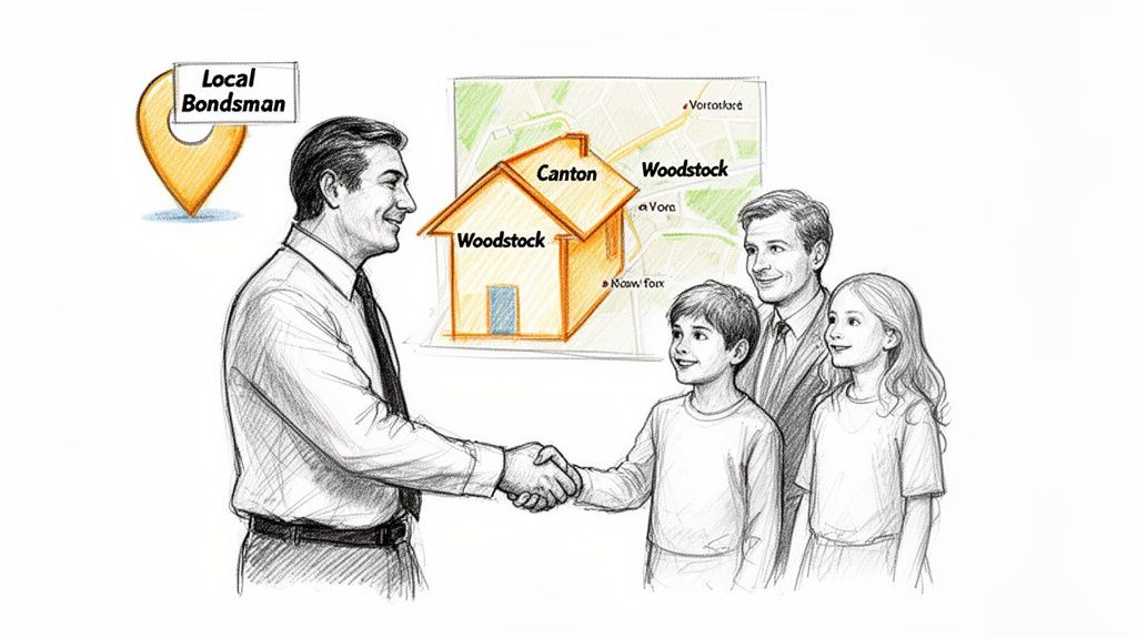 A local bondsman shaking hands with a young boy, with a family and a map showing house locations.
