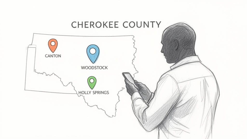 A sketch of a person using a phone next to a map of Cherokee County with three marked cities.