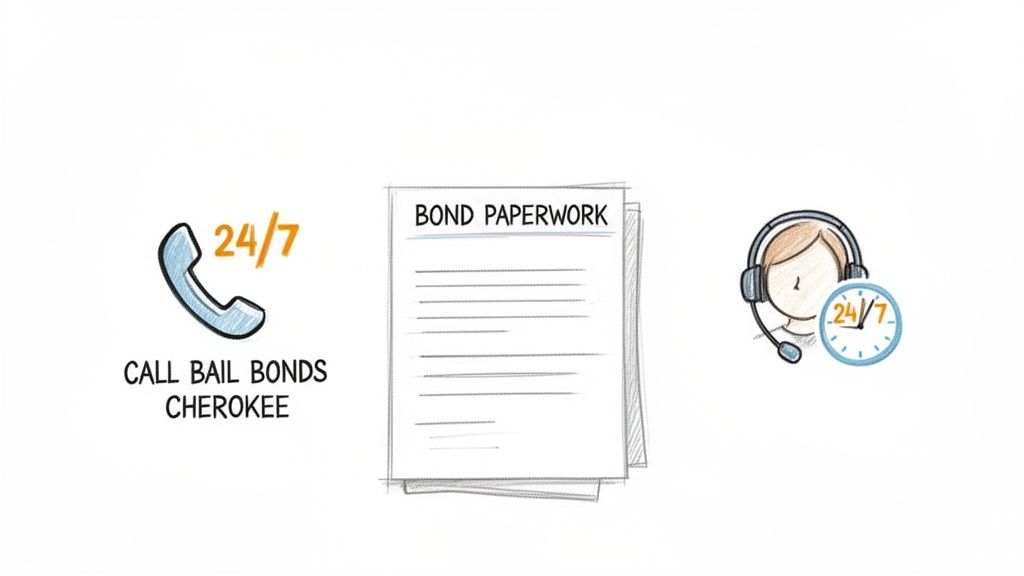 Hand-drawn icons illustrate 24/7 bail bonds services, including phone calls, paperwork, and customer support.
