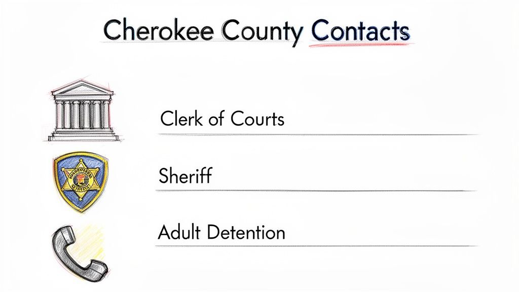 Cherokee County Contacts list with icons for Clerk of Courts, Sheriff, and Adult Detention.