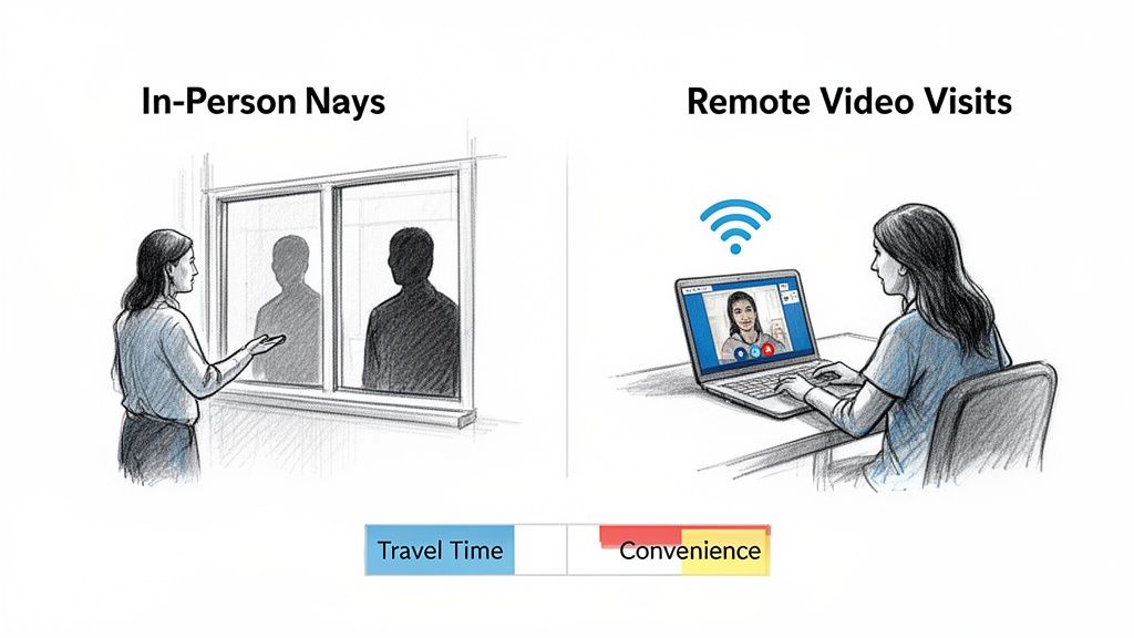 Illustration comparing in-person visits with remote video calls, highlighting travel time versus convenience.