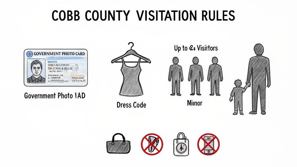 Illustration of Cobb County visitation rules, showing ID, dress code, visitor limits, and prohibited items.