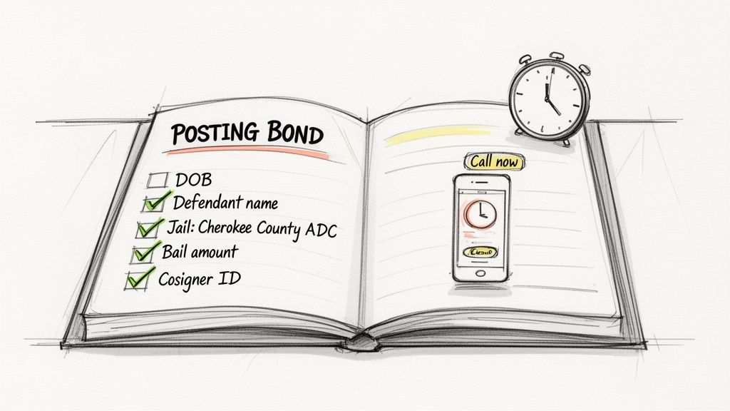 An open notebook details steps for posting bond with a checklist, a phone for calling, and an alarm clock.