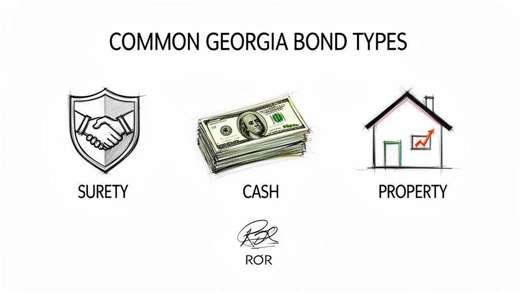 Illustration showing common Georgia bond types: surety, cash, property, and release on recognizance.