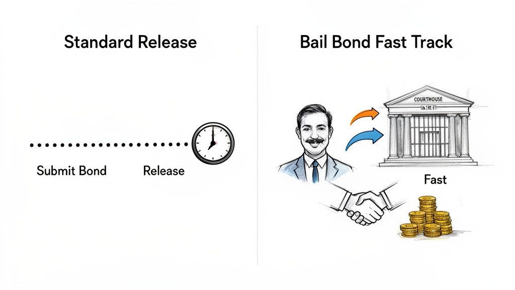 Visual comparison of a standard release process taking longer versus a fast bail bond track for quicker release.