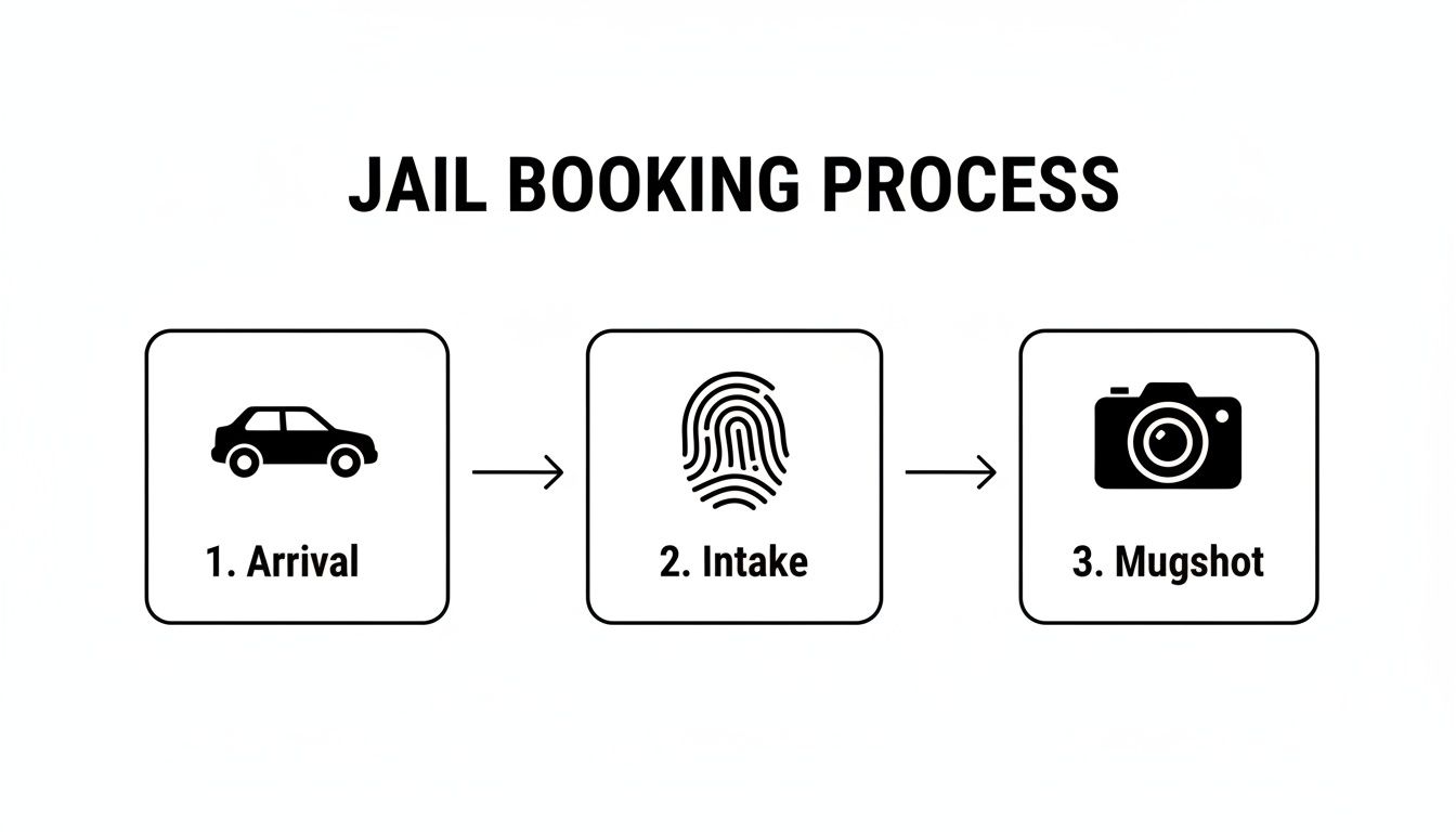 A flowchart illustrates the three steps of the jail booking process: 1. arrival, 2. intake, 3. mugshot.