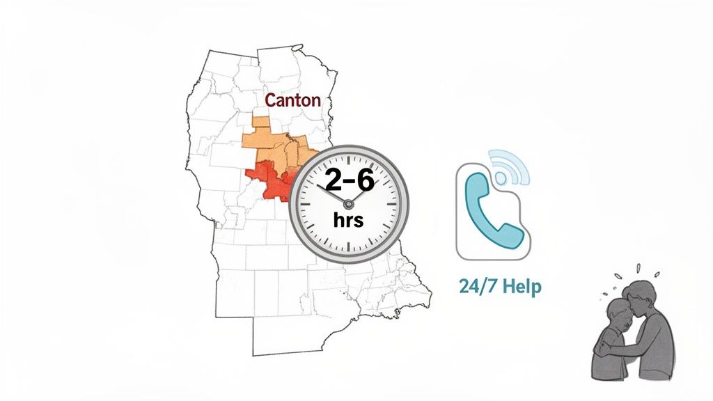 Map showing service areas around Canton, Ohio, indicating 2-6 hour response times, 24/7 help, and emotional support.