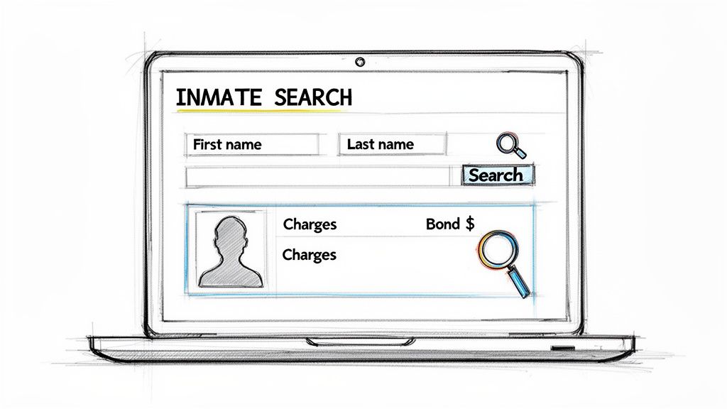 A sketched laptop displays an 'Inmate Search' interface with input fields for names, charges, and bond information.