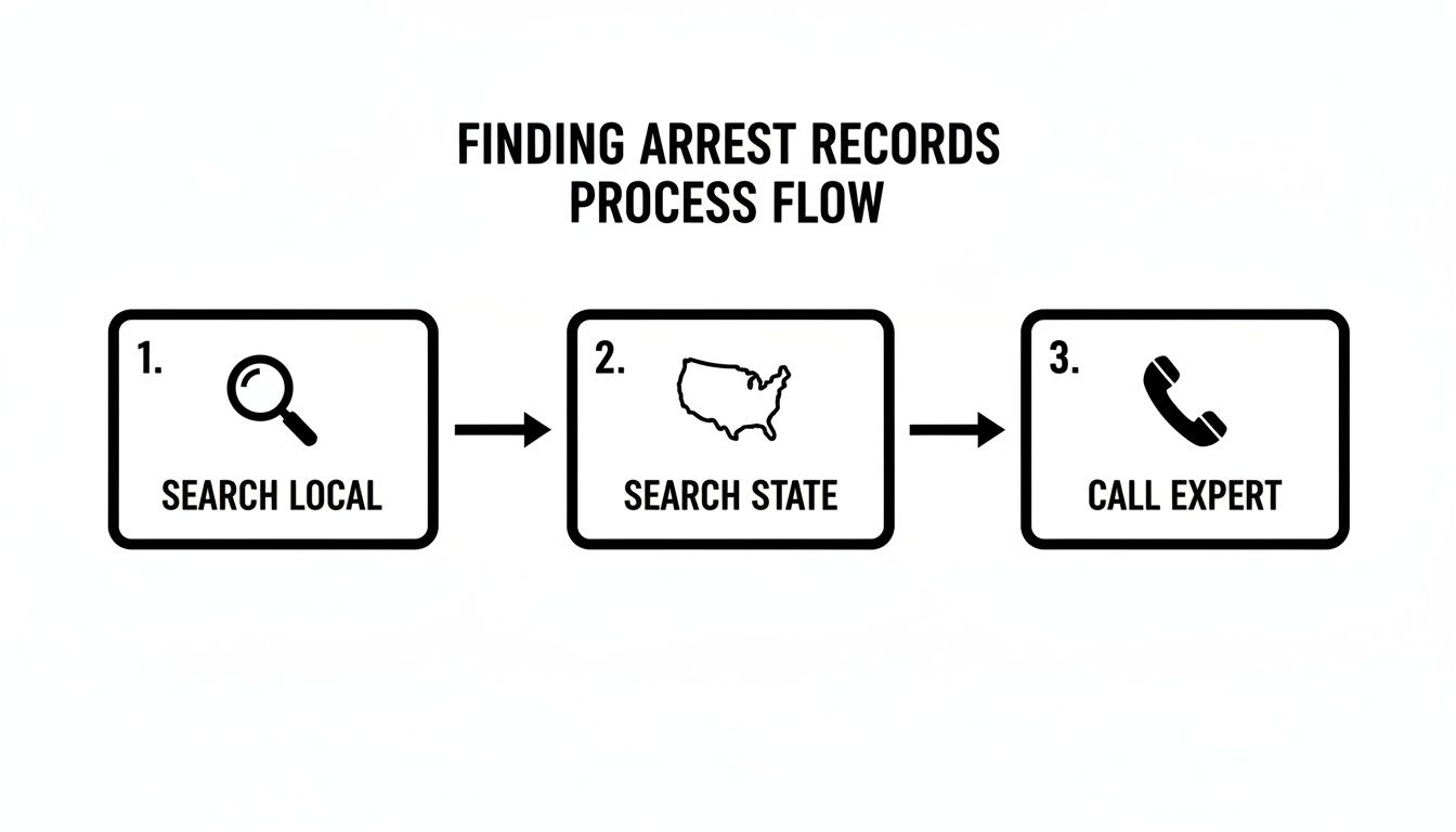 Process flow for finding arrest records, including local, state, and expert consultation.