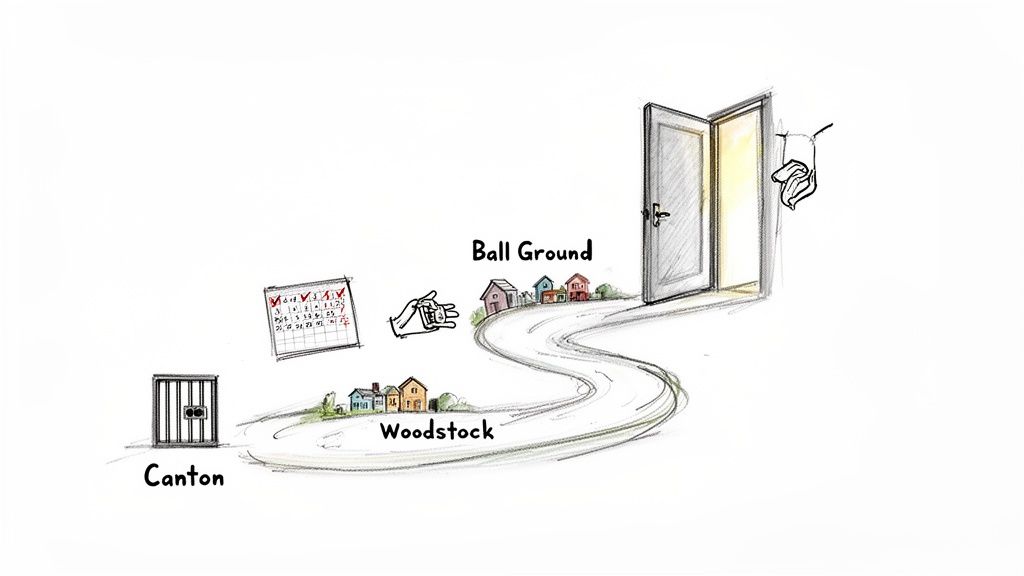 A winding path from a jail cell through towns Woodstock and Ball Ground to an open door, symbolizing freedom.