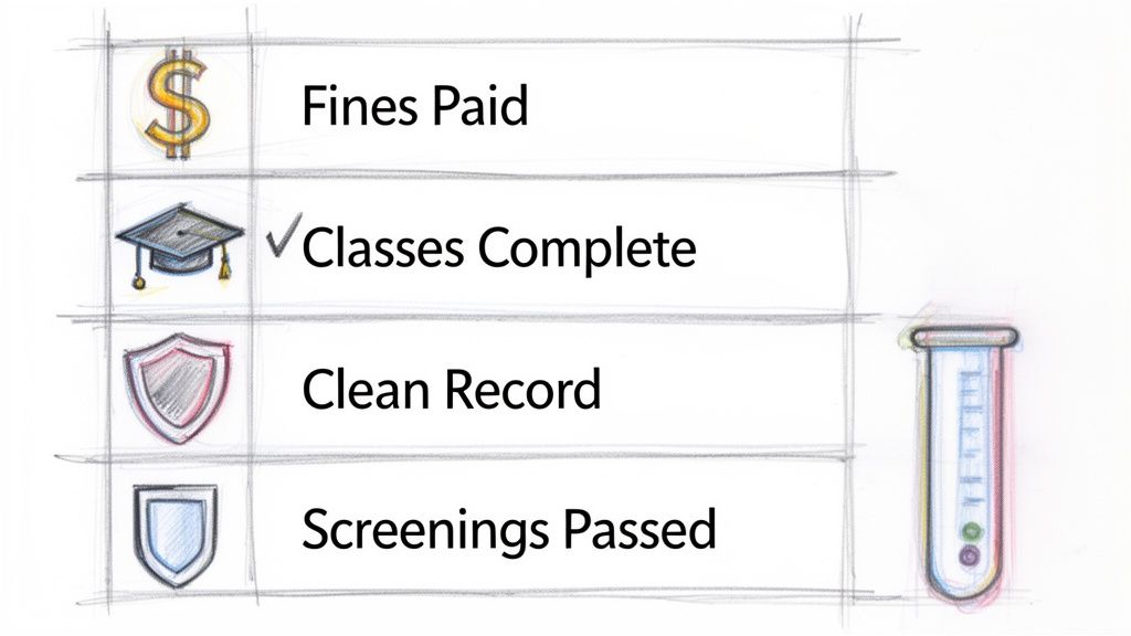 A hand-drawn checklist with icons showing steps like fines paid, classes complete, clean record, and screenings passed.