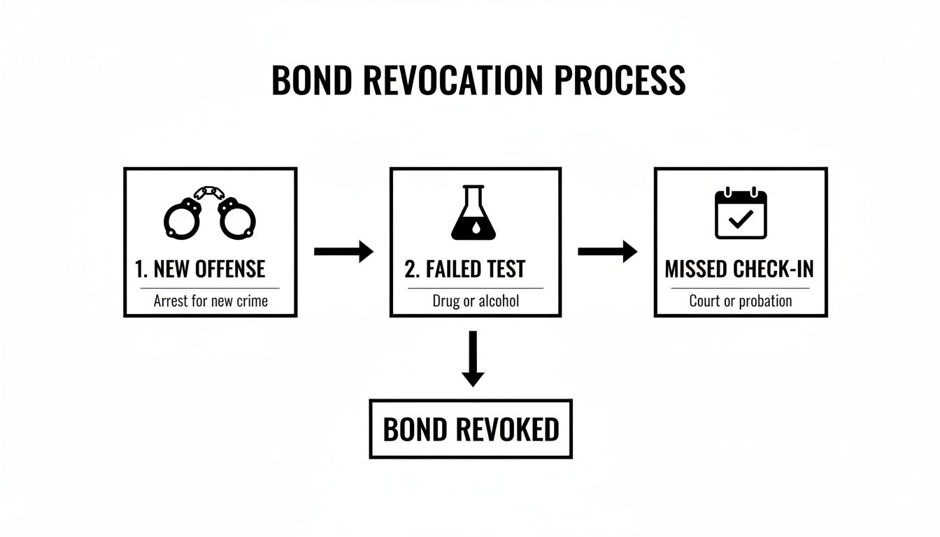 A flowchart showing the bond revocation process due to a new offense, failed test, or missed check-in.