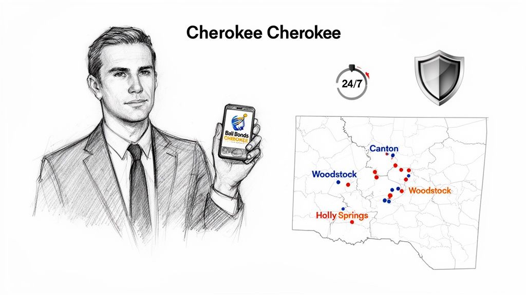 A sketch of a man in a suit holding a phone, next to icons and a map of Cherokee County locations.