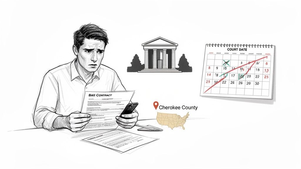 Worried man reviewing a bail contract with a phone, near a courthouse, calendar, and map of Cherokee County.