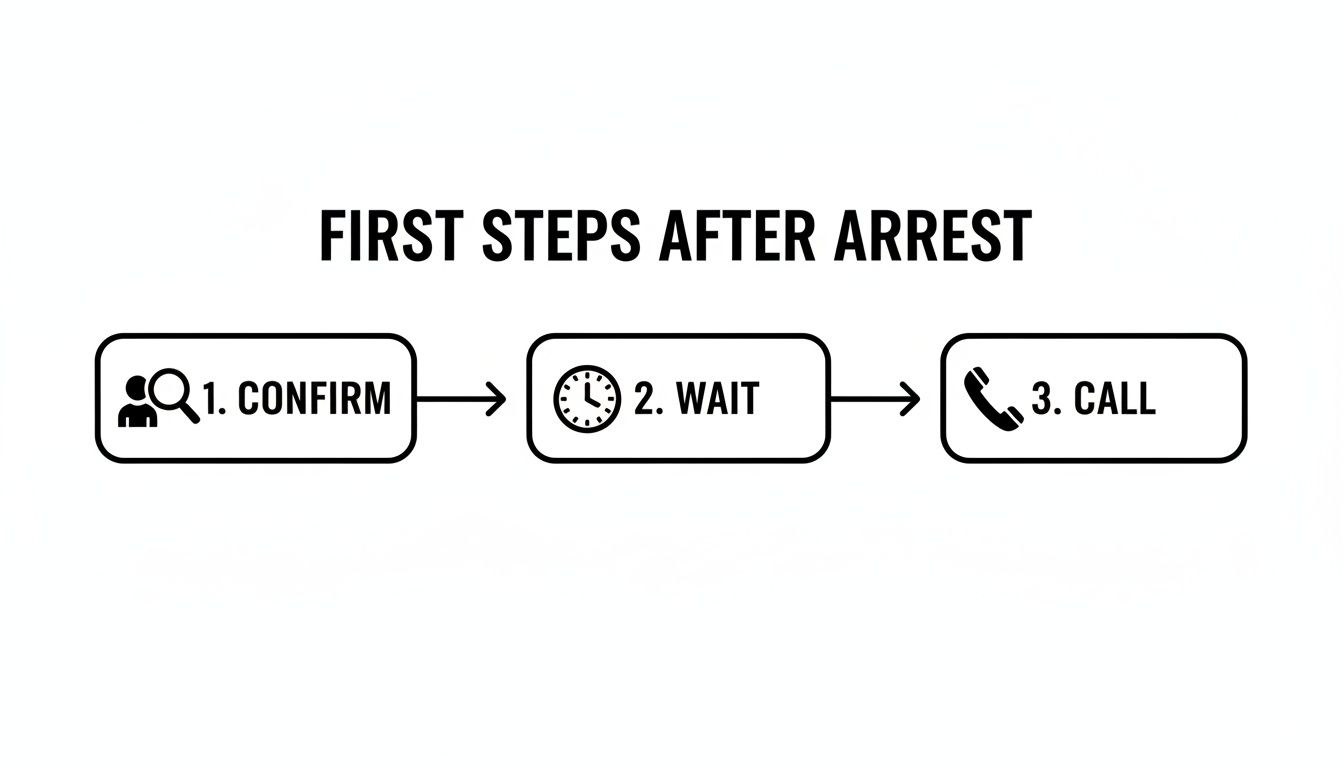A simple flowchart illustrating the first steps after an arrest: 1. Confirm, 2. Wait, 3. Call.