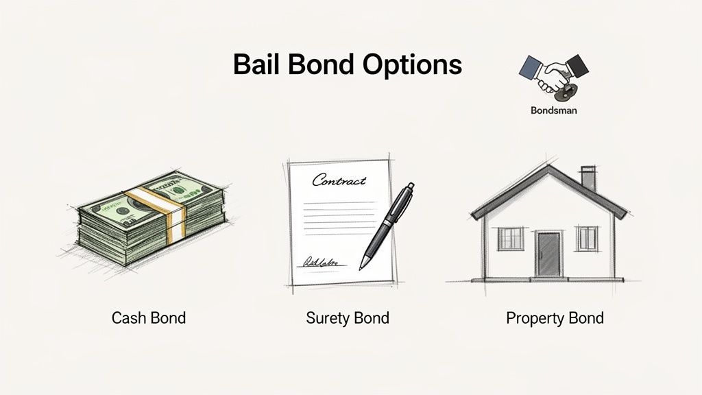 Illustration of three bail bond options: Cash Bond (stack of money), Surety Bond (contract), and Property Bond (house).