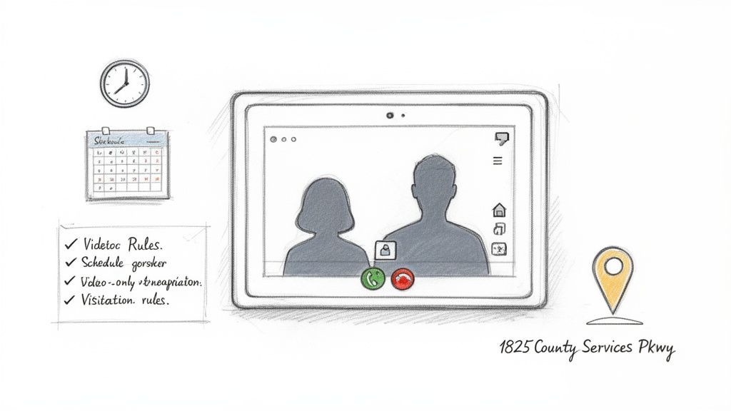 Sketch of a video call on a tablet, with a calendar, clock, rules list, and address pin.