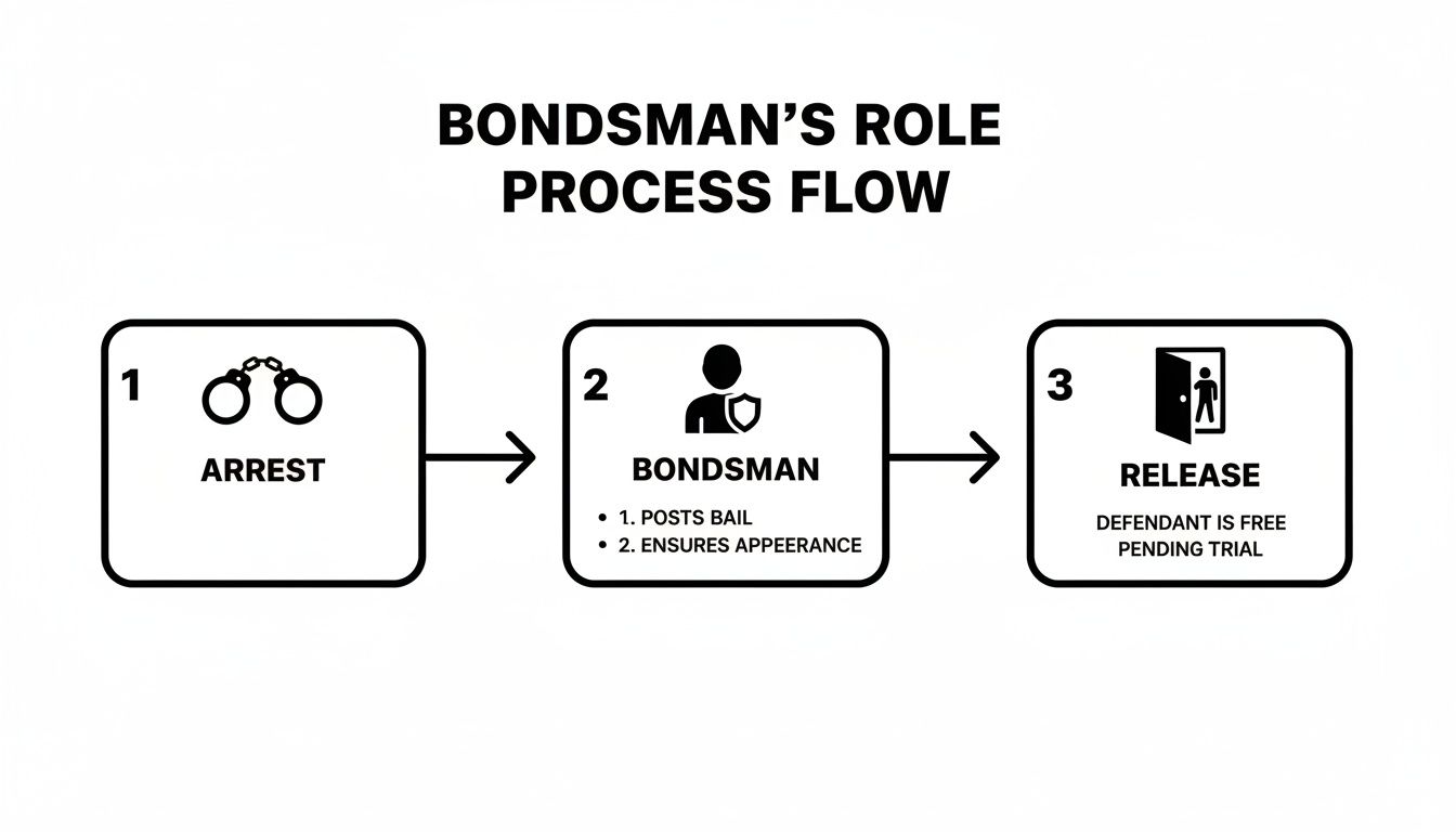 A process flow chart outlining a bondsman's role from arrest to the defendant's release.