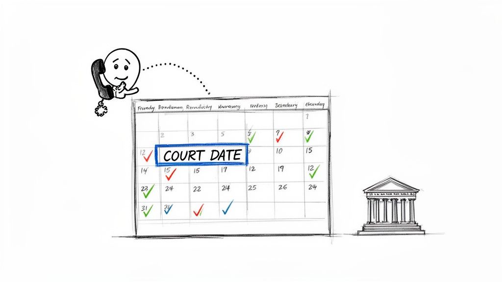 Cartoon character on phone looking at a calendar with 'COURT DATE' highlighted, next to a courthouse.