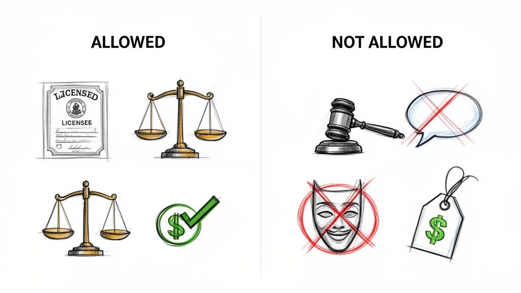 Diagram contrasting legal actions like licensing and financial transactions with prohibited actions for bail bondsmen.