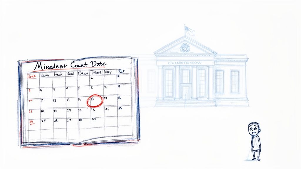 A hand-drawn image of a calendar showing a circled court date, a courthouse, and a worried person.