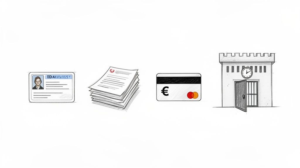 Illustrative sketch of an ID card, stack of documents, credit card, and a jail, representing legal and financial implications.