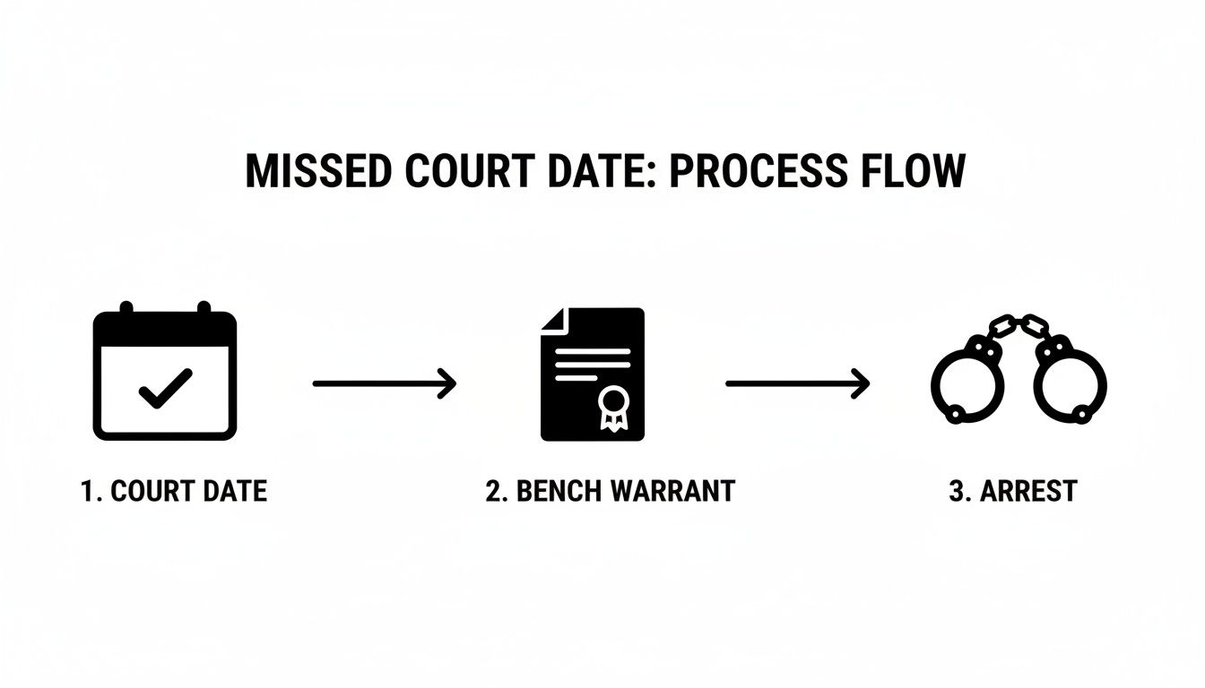 A process flow diagram illustrates the consequences of missing a court date: bench warrant and arrest.