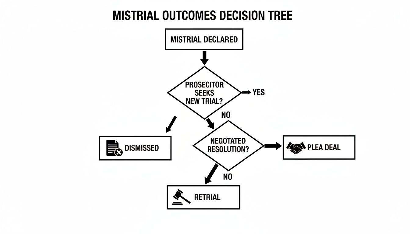 A flowchart illustrating the decision process and potential outcomes after a mistrial is declared.