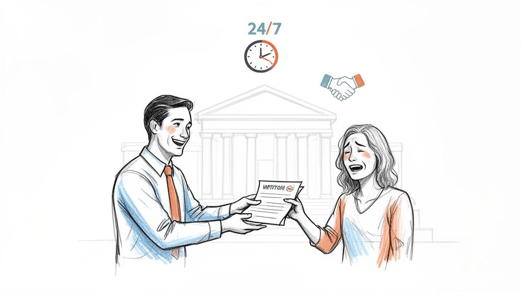 A man hands a 'PETITION' document to a distressed woman, representing legal aid available 24/7.