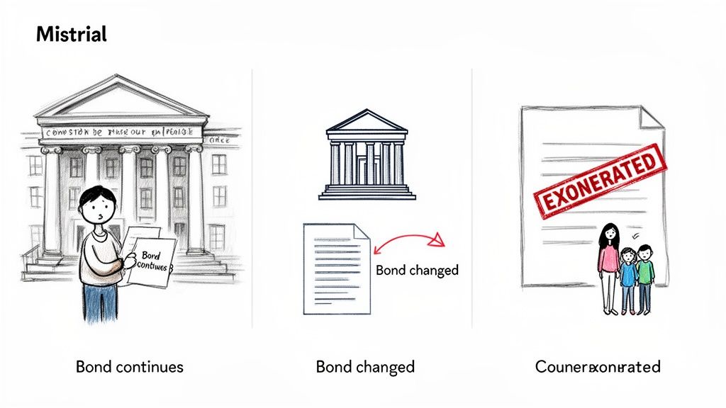 A diagram illustrating the stages of a mistrial process, from bond continuation to exoneration.