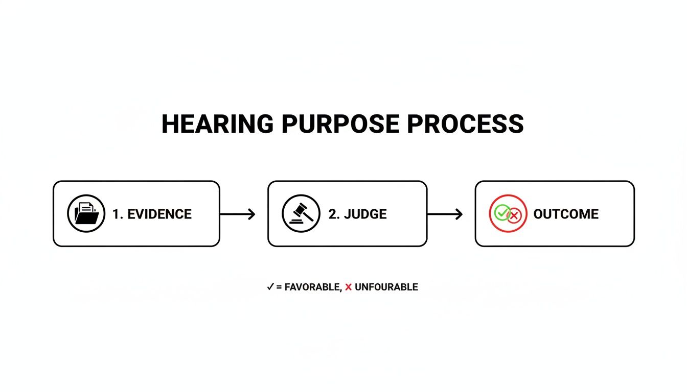 Flowchart illustrating a hearing process from evidence to judge and then to a favorable or unfavorable outcome.