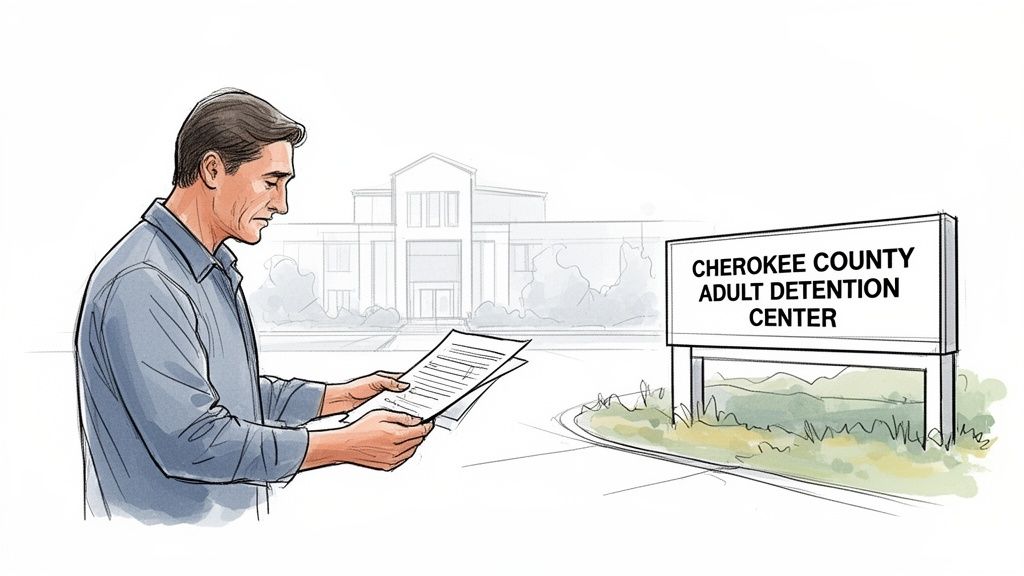 A man reviews legal documents outside the Cherokee County Adult Detention Center.