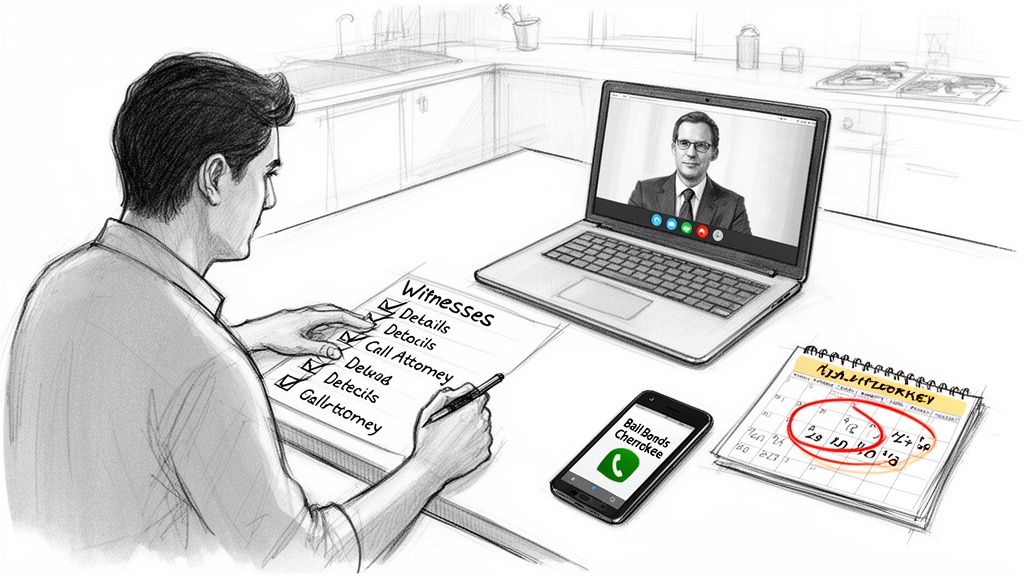 A man reviews a witness checklist, contacting legal assistance for court, with an attorney on a video call.